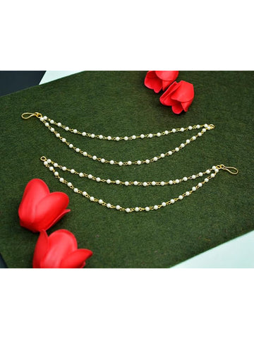 NVR Pearl Studded Classic Gold-Plated 2 Line Ear Chain Ear Cuff