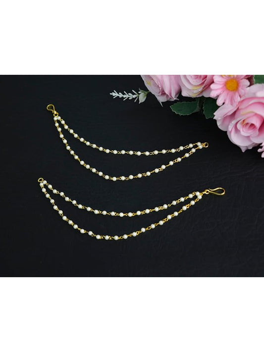 NVR Pearl Studded Classic Gold-Plated 2 Line Ear Chain Ear Cuff