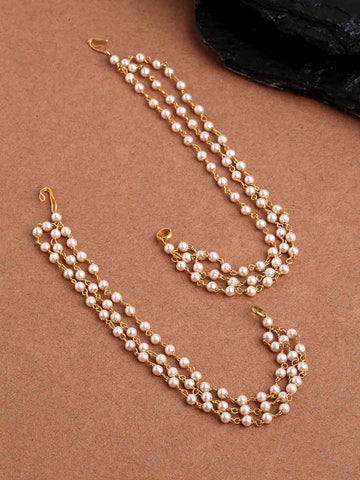 NVR Pearl Studded Classic Gold-Plated 3 Line Ear Chain Ear Cuff
