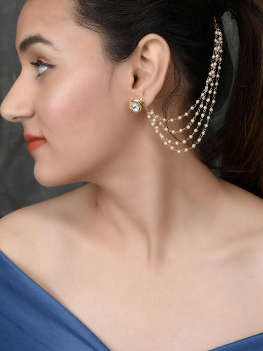 NVR Pearl Studded Classic Gold-Plated 4 Line Ear Chain Ear Cuff