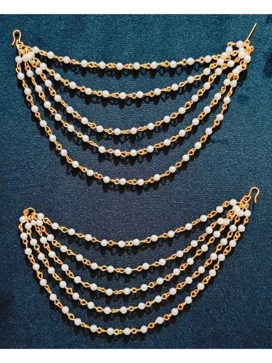 NVR Pearl Studded Classic Gold-Plated 5 Line Ear Chain Ear Cuff