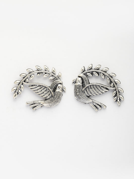 NVR Women Silver Toned Oxidized Pigeon Design Drop Earrings