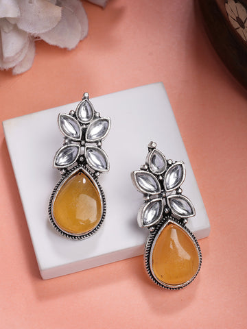 NVR Women Yellow Artificial Stones Silver Plated Drop Earrings