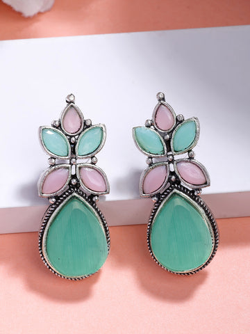 NVR Women Green & Pink Artificial Stones Silver Plated Drop Earrings