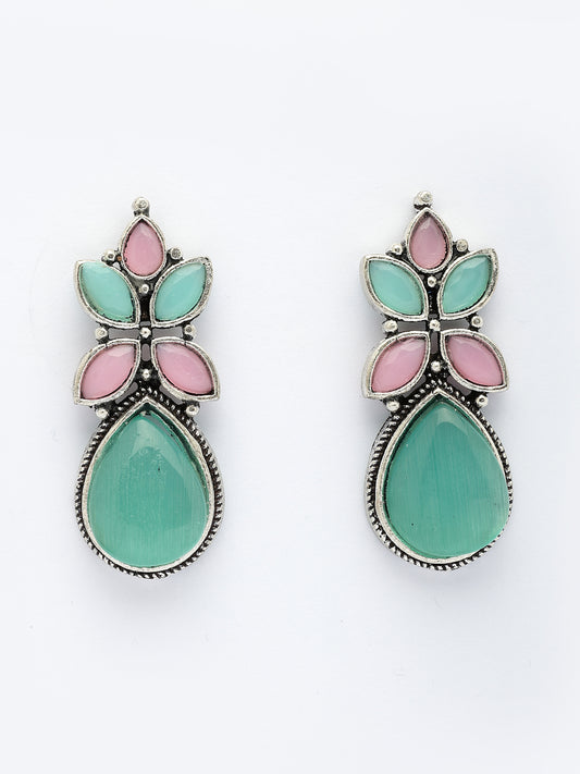 NVR Women Green & Pink Artificial Stones Silver Plated Drop Earrings