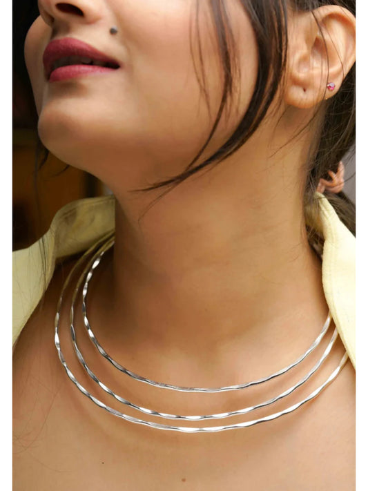 NVR Women 3 Layers Oxidized Silver-Plated Statement Choker Necklace