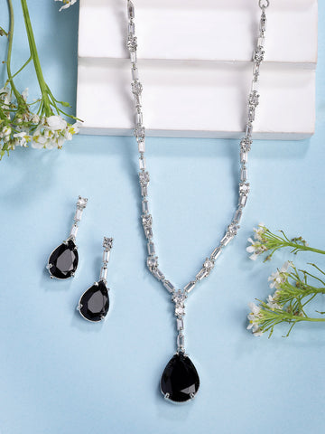 NVR Women's Silver-Plated Black American Diamond-Studded Handcrafted Jewellery Set
