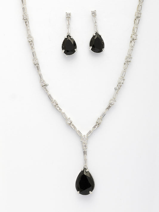 NVR Women's Silver-Plated Black American Diamond-Studded Handcrafted Jewellery Set