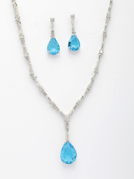 NVR Women's Silver-Plated Blue American Diamond-Studded Handcrafted Jewellery Set