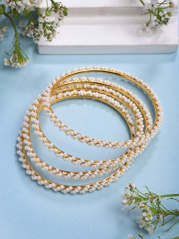 NVR Women Set of 4 Gold-Plated Pearls Handcrafted Traditional Bangles