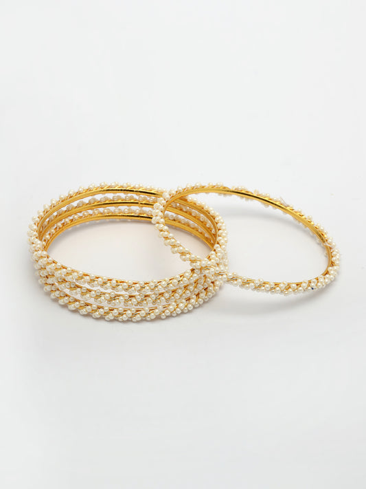 NVR Women Set of 4 Gold-Plated Pearls Handcrafted Traditional Bangles