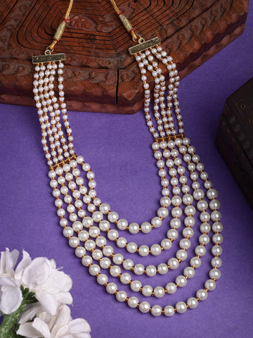 NVR Women Handcrafted White Beaded Layered Necklace