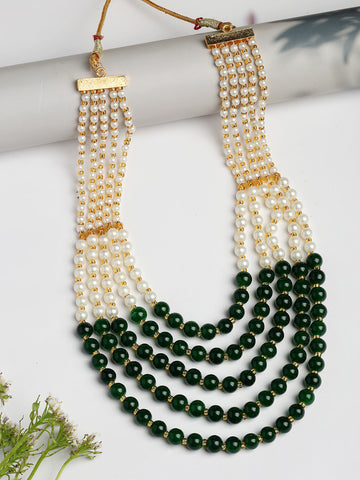 NVR Women Handcrafted Green & White Beaded Layered Necklace