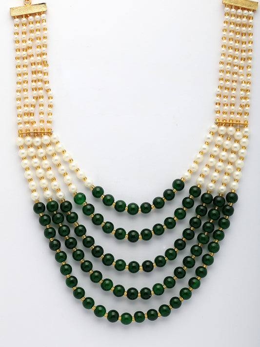 NVR Women Handcrafted Green & White Beaded Layered Necklace