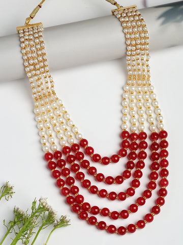 NVR Women Handcrafted Red & White Beaded Layered Necklace