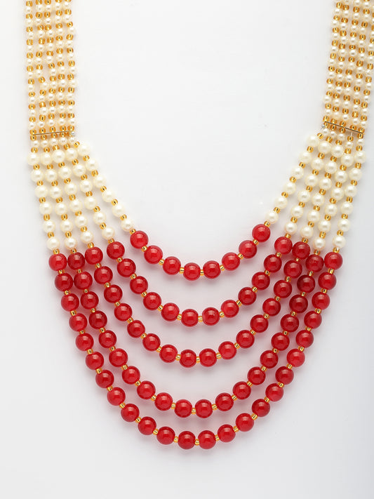 NVR Women Handcrafted Red & White Beaded Layered Necklace