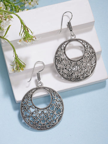 NVR Women Ethnic Silver-Plated Oxidized Chandbali Earrings