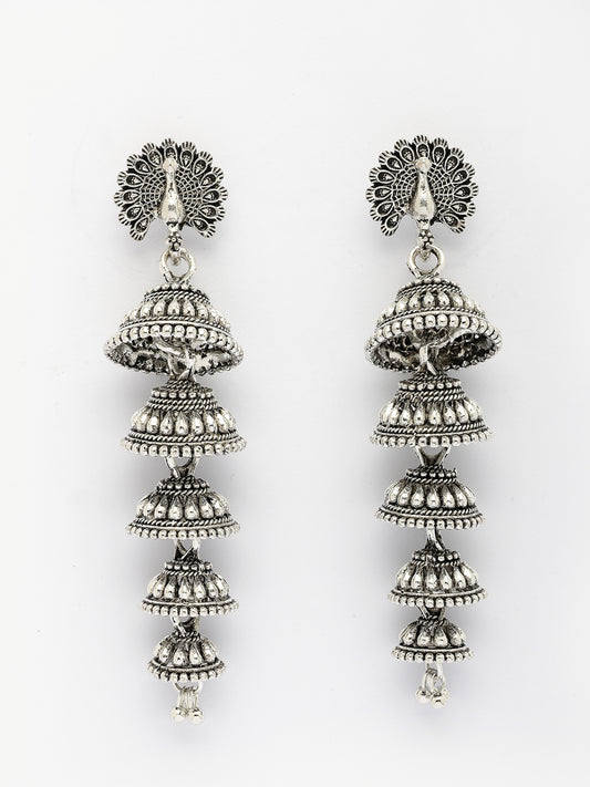 NVR Women Silver Plated Oxidized Peacock Design Layered Jhumka Earrings