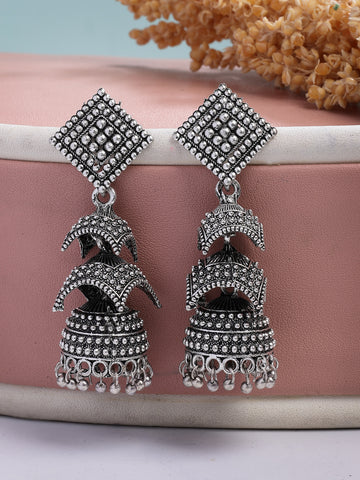 NVR Women's Traditional Oxidized Silver Plated Jhumka Earrings