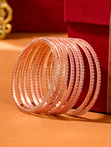 NVR Women Set of 8 American Diamond Rose Gold Plated Bangles
