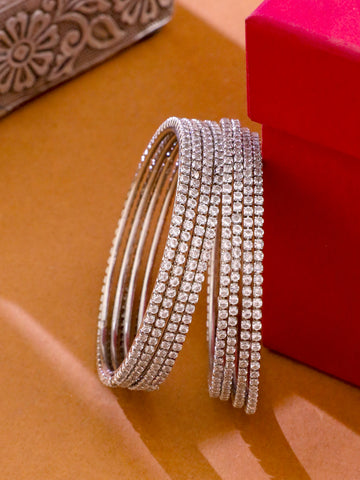 NVR Women Set of 8 American Diamond Silver Plated Bangles