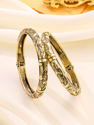 NVR Women Set of 2 Gold Plated Floral Design Oxidised Bangles