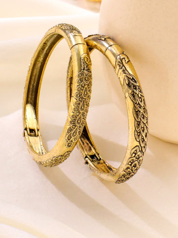 NVR Women Set of 2 Gold Plated Leaf Design Oxidised Bangles