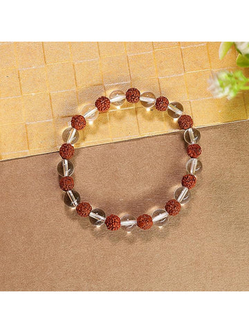 NVR Natural Rudraksha & Quartz Beaded Stretchable Bracelet