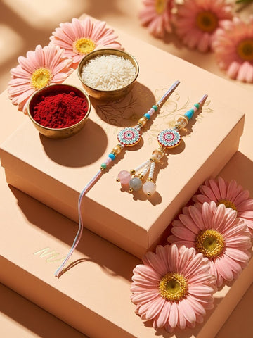 NVR Set of 2 Floral Design Bhaiya Bhabhi Rakhi with Roli Chawal Chandan Mishri