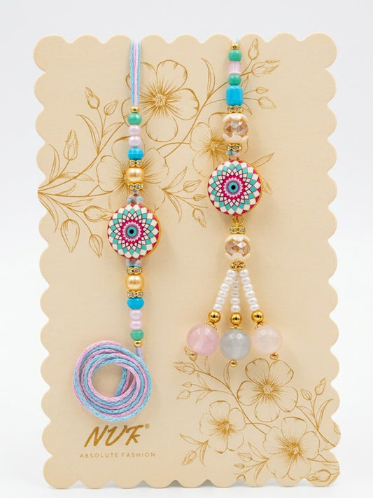 NVR Set of 2 Floral Design Bhaiya Bhabhi Rakhi with Roli Chawal Chandan Mishri