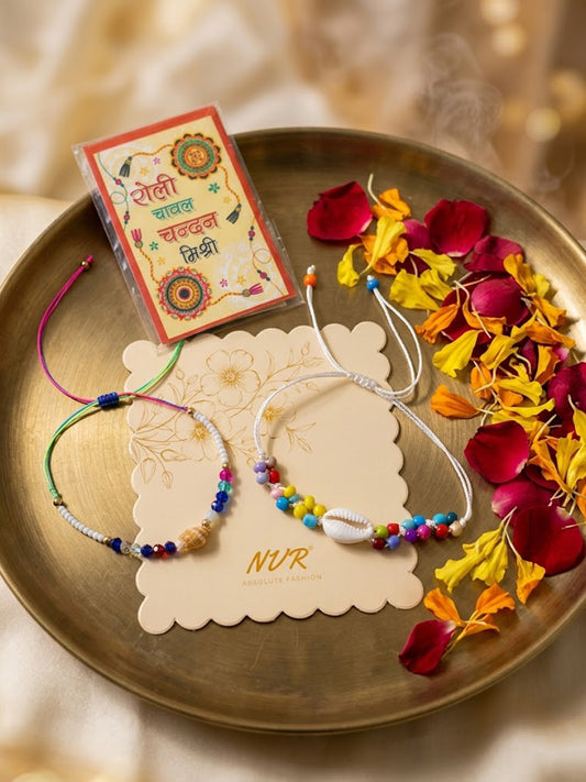 NVR Set of 2 Artificial Beads Thread Rakhi With Roli Chawal Chandan Mishri