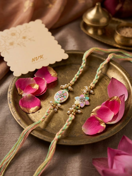 NVR Set of 2 Meenakari Floral Thread Rakhi with Roli Chawal Chandan Mishri