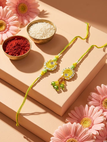 NVR Set of 2 Artificial Beads Mirror Work Bhaiya Bhabhi Rakhi With Roli Chawal Chandan