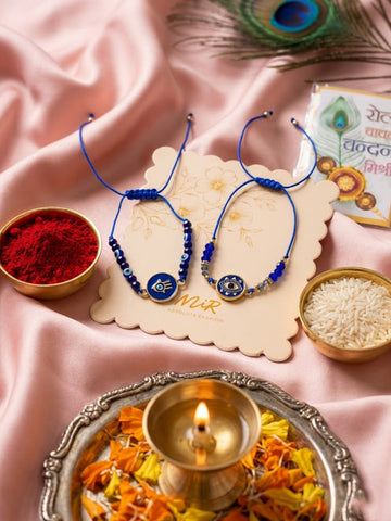 NVR Set of 2 Blue Evil Eye Thread Rakhi With Roli Chawal Chandan Mishri