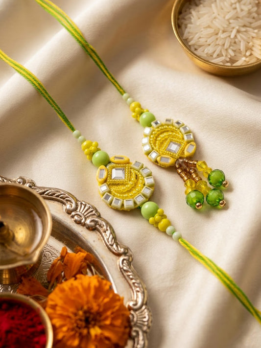 NVR Set of 2 Artificial Beads Mirror Work Bhaiya Bhabhi Rakhi With Roli Chawal Chandan