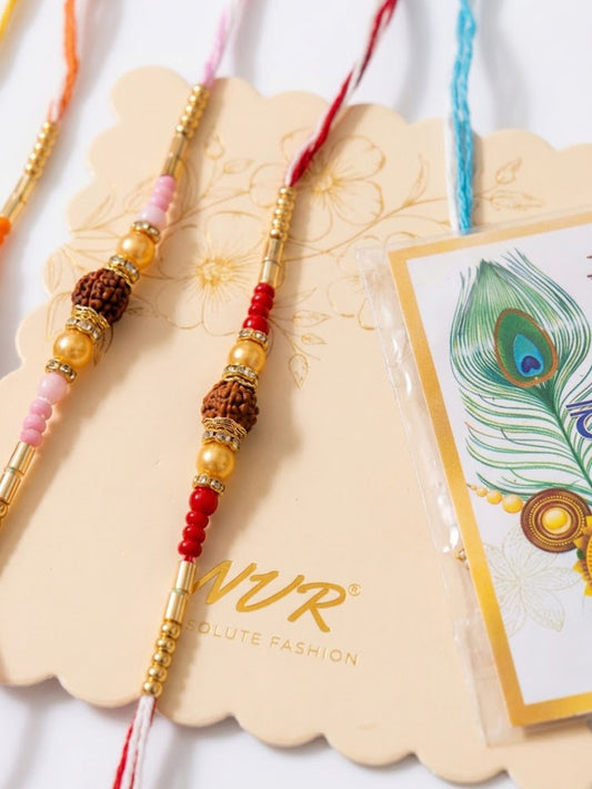 NVR Set of 6 Rudraksh & Artificial Beads Thread Rakhi with Roli Chawal Chandan Mishri