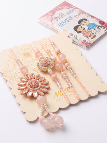 NVR Set of 4 Beaded Family Pack Thread Rakhi with Roli Chawal Chandan Mishri