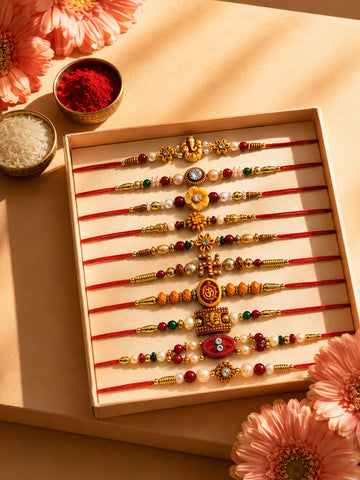 NVR Set of 10 Artificial Stones & Beads Thread Rakhi with Roli Chawal Chandan Mishri