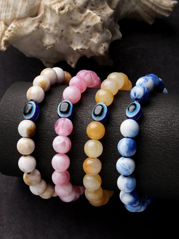 NVR Unisex Set Of 4 Artificial Beads-Beaded Evil Eye Elasticated Bracelet