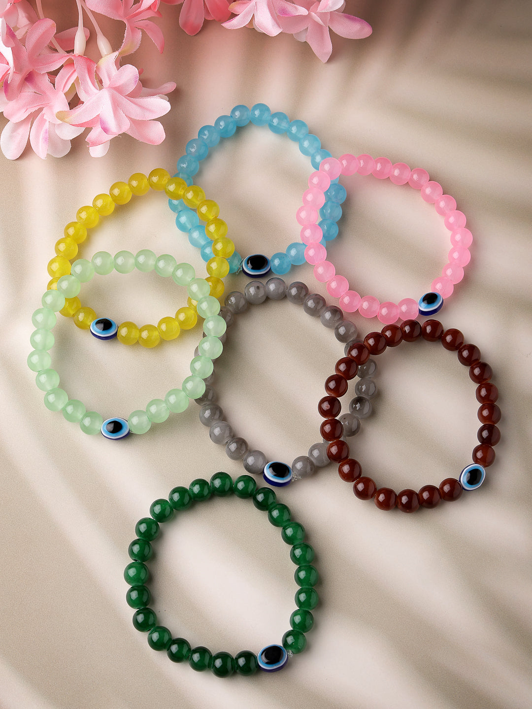 NVR Unisex Set Of 7 Crystals Beaded Evil Eye Elasticated Bracelet