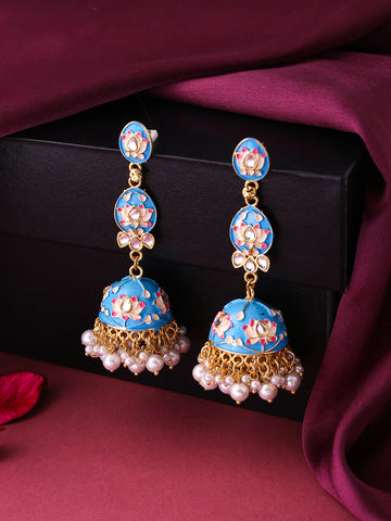 NVR Gold Plated Green Kundan & Pearls Studded Handpainted Meenakari Jhumkas