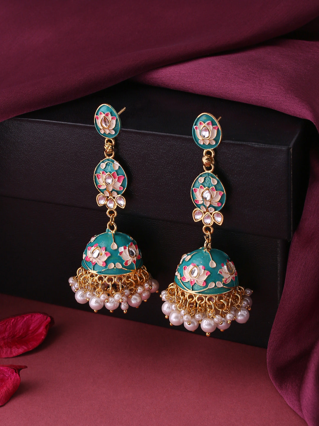 NVR Gold Plated Blue Kundan & Pearls Studded Handpainted Meenakari Jhumkas