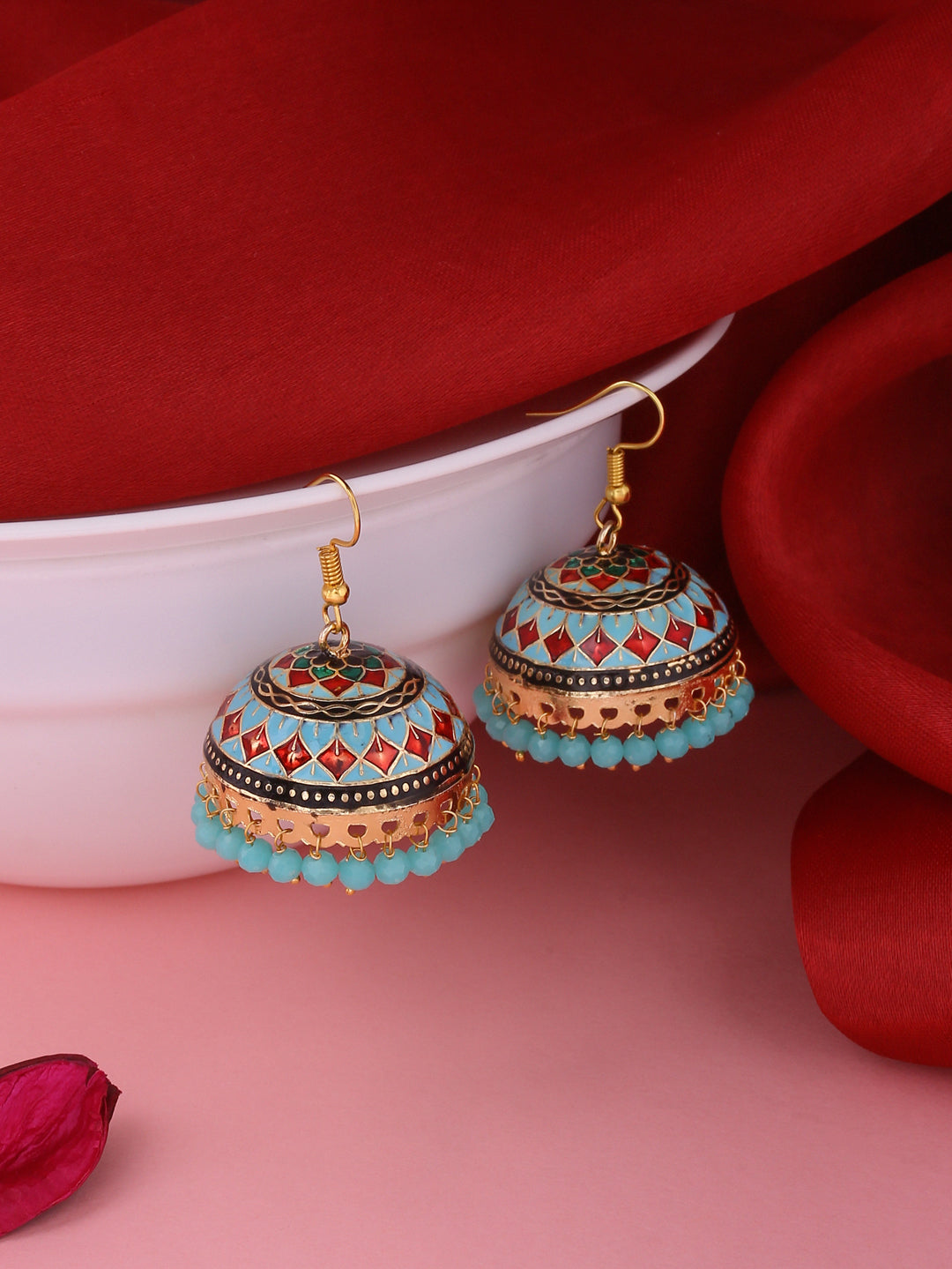 NVR Gold Plated Blue Meenakari Dome Shaped Jhumkas