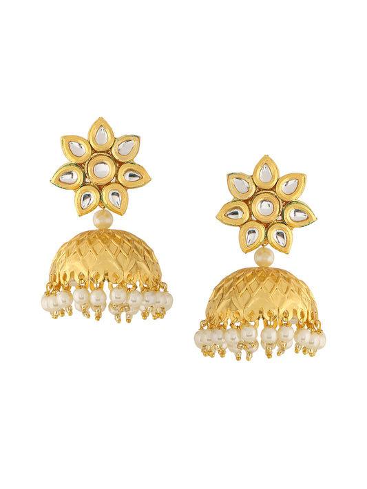 NVR gold toned pearl and kundan studded dome shaped jhumkas