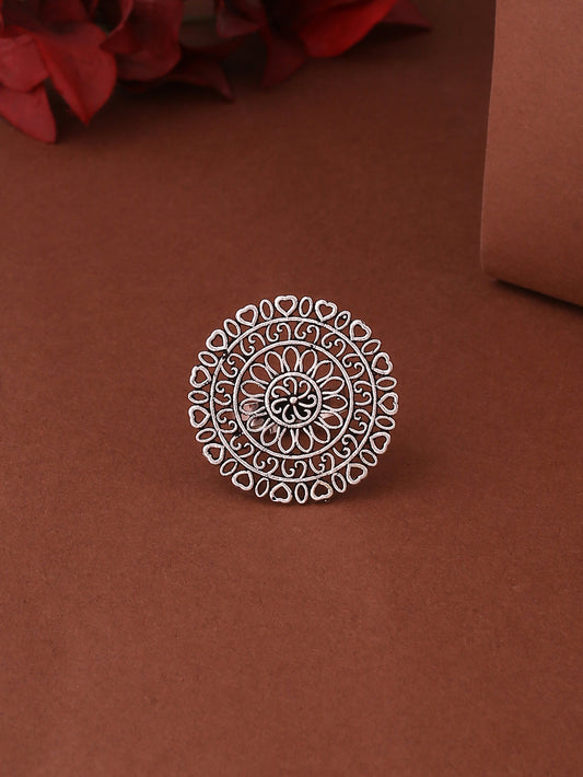 NVR Women Oxidized silver plated textured afghan adjustable finger ring.