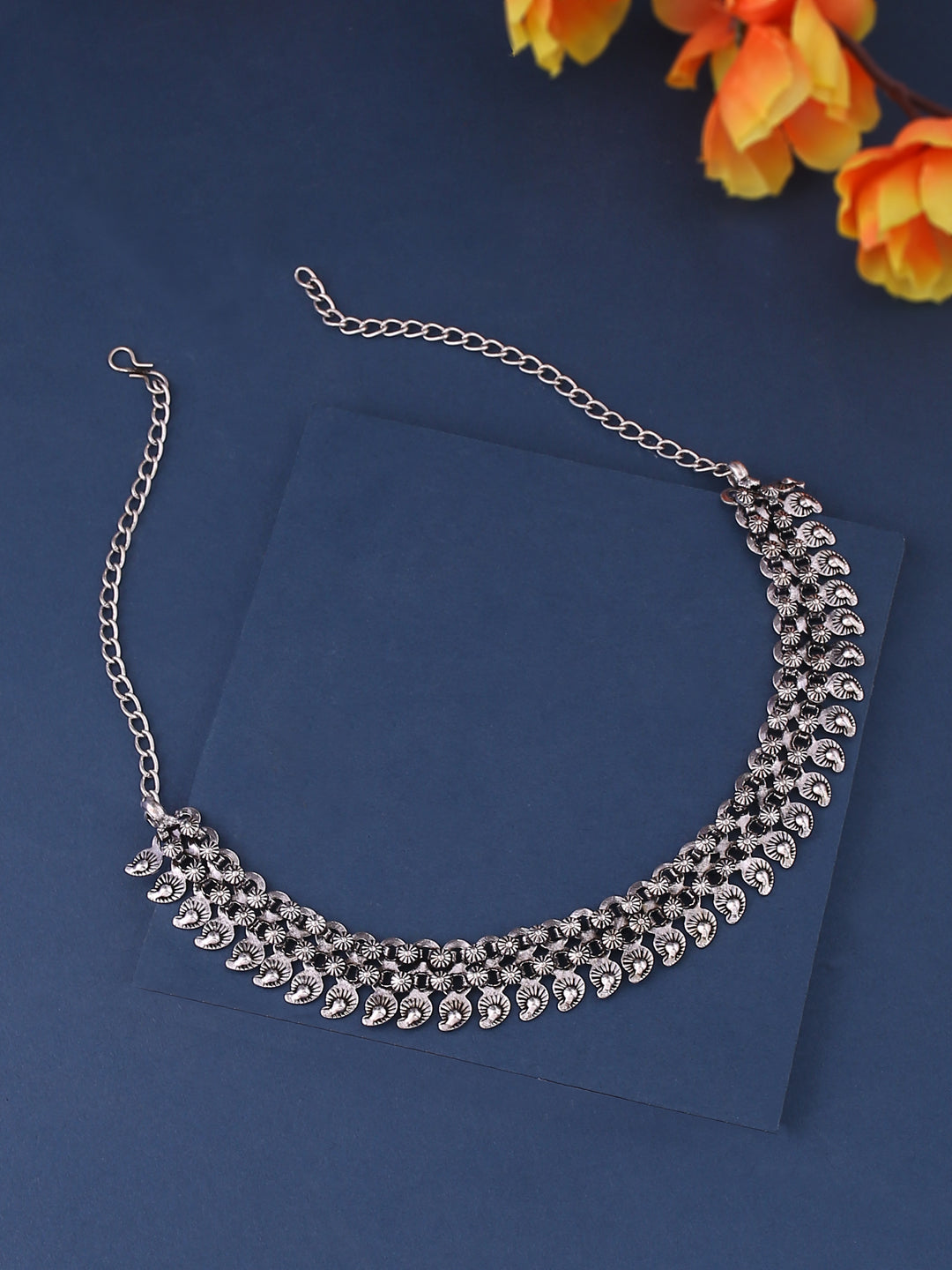 NVR Silver Toned Oxidised Beaded Necklace