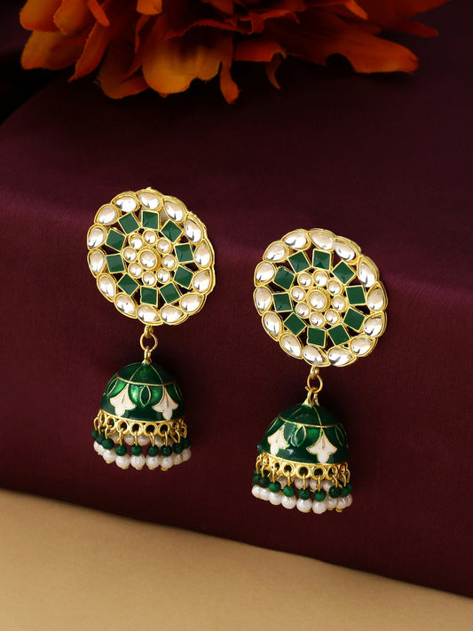 NVR Gold Plated Green Dome Shaped Meenkari Jhumkas