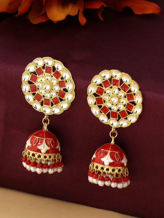 NVR Gold Plated Red Dome Shaped Meenkari Jhumkas