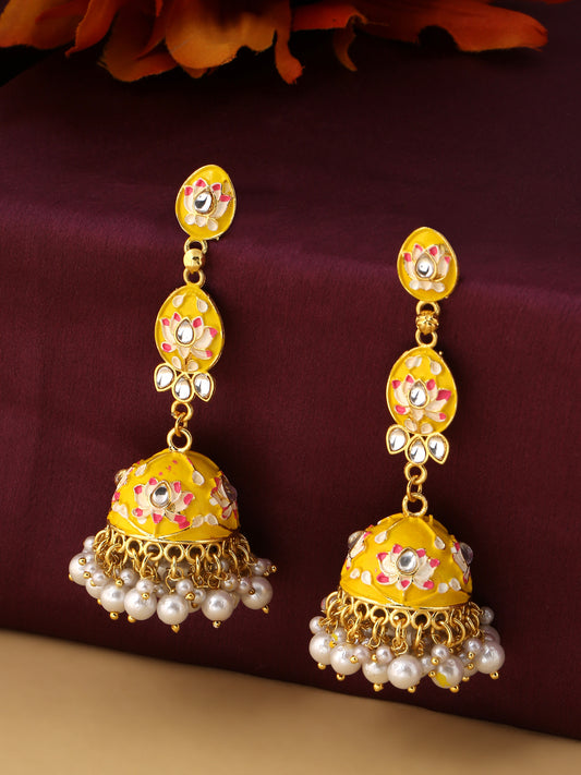 NVR Gold Plated Yellow Kundan & Pearls Studded Handpainted Meenakari Jhumkas