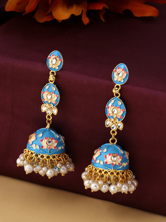 NVR Gold Plated Green Kundan & Pearls Studded Handpainted Meenakari Jhumkas